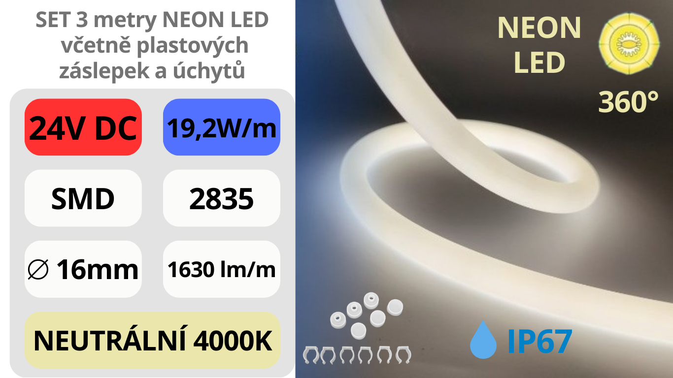 LED NEON KULATÝ Ø16mm / 24V / 19,2W / IP67 / 4000K / SET 3m / HLADKÝ MATNÝ POVRCH